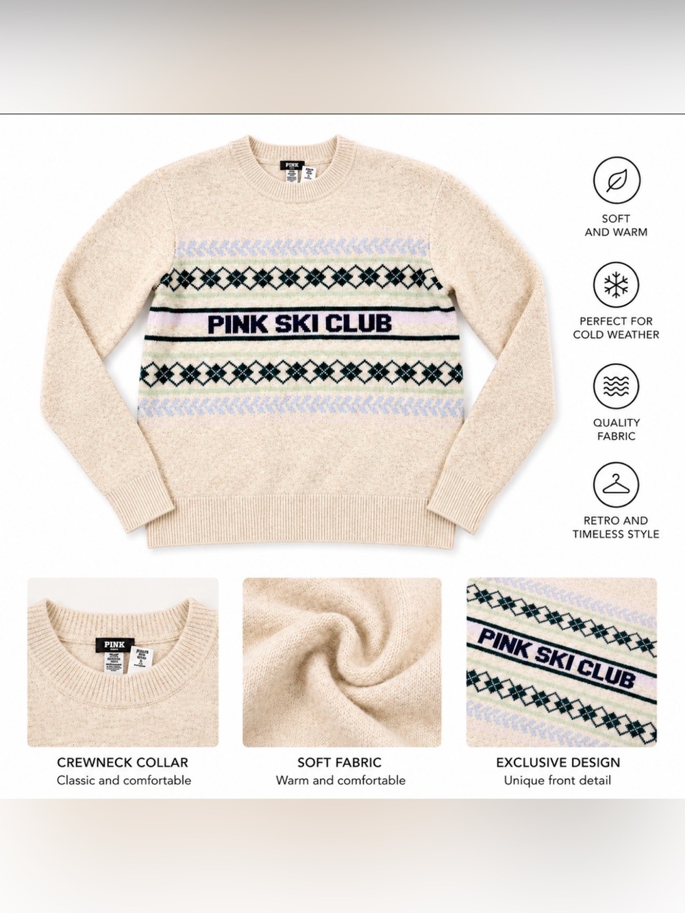 PINK Victoria's Secret Cream Fair Isle 'PINK SKI CLUB' Crewneck Sweater